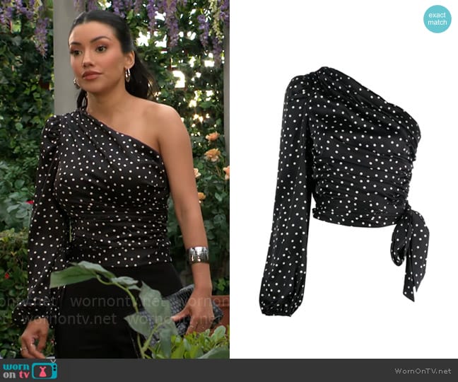 Pinko Polka-dot one-shoulder blouse worn by Audra Charles (Zuleyka Silver) on The Young and the Restless