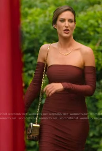 Polly’s brown ruched strapless dress on Selling the OC