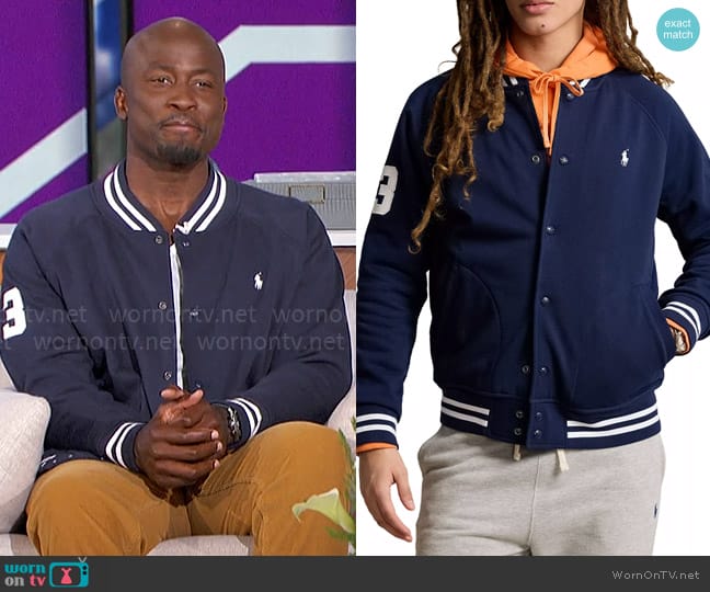 Polo Ralph Lauren Cotton-Blend Baseball Jacket worn by Akbar Gbajabiamila on The Talk