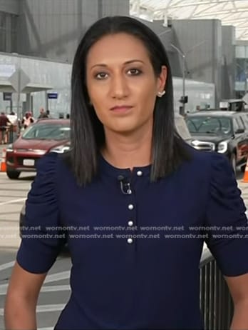 Priya Sridhar's navy ruched sleeve top on NBC News Daily