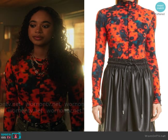 Proenza Schouler White Label Sunflower-print Jersey High-neck Top worn by Tabitha 'Tabby' Hayworth (Chandler Kinney) on Pretty Little Liars Original Sin