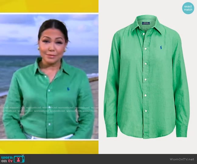 Polo Ralph Lauren Linen Long Sleeve Shirt in Vineyard Green worn by Stephanie Ramos on Good Morning America