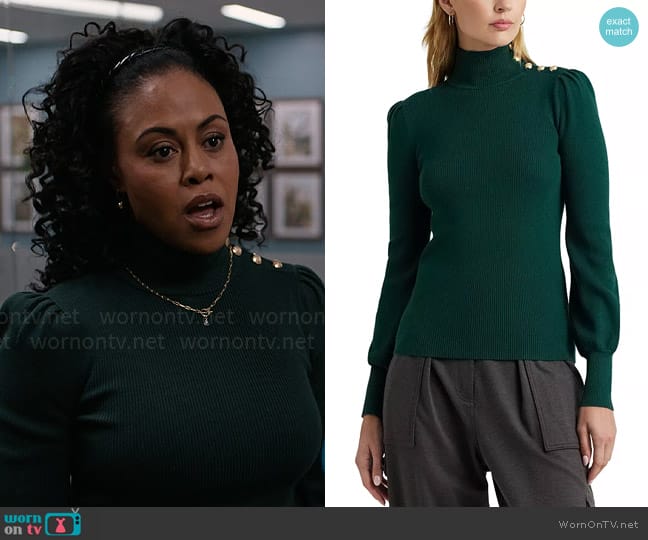 Ariel’s green button shoulder top on So Help Me Todd