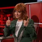 Reba’s green fringe embellished blazer on The Voice