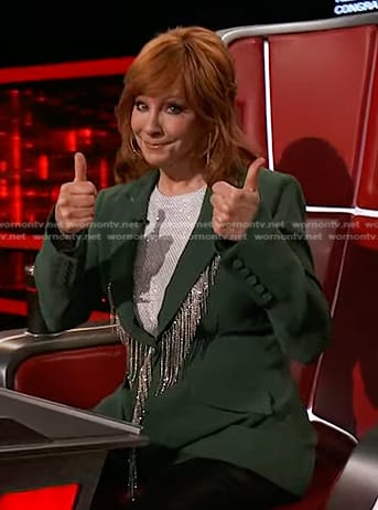 Reba's green fringe embellished blazer on The Voice