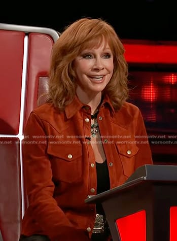 Reba's orange suede western shirt jacket on The Voice