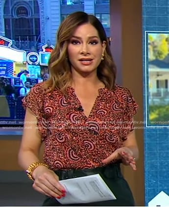 Rebecca's pink printed top and leather skirt on Good Morning America