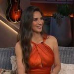 Olivia Munn’s orange satin halter neck dress on The Kelly Clarkson Show