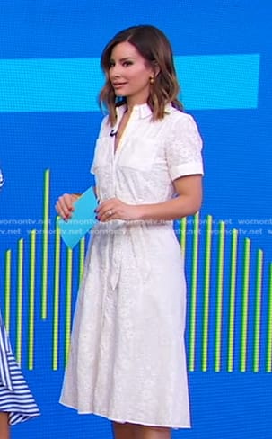 Rebecca’s white floral embroidered shirtdress on Good Morning America