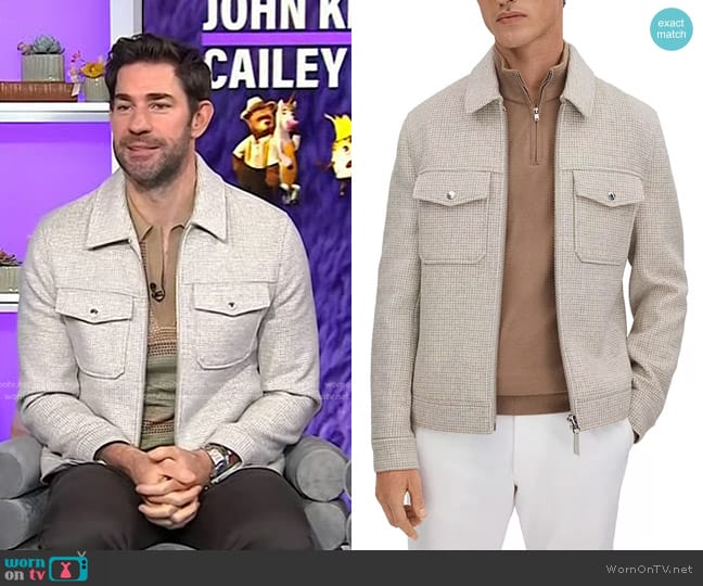 Reiss Maray Check Wool Blend Zip-Up Jacket in Oatmeal worn by John Krasinski on Today