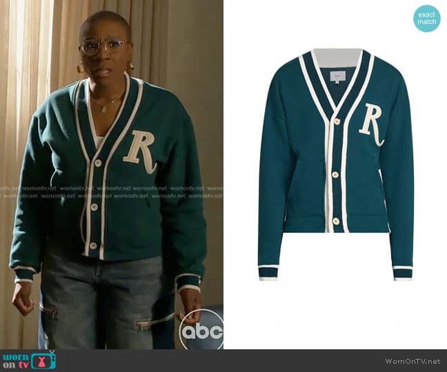 Rhude Logo Patch Cotton Cardigan in Teal Cream worn by Henrietta Wilson (Aisha Hinds) on 9-1-1