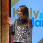 Riley Keough's gray floral cardigan and floral top on Live with Kelly and Mark