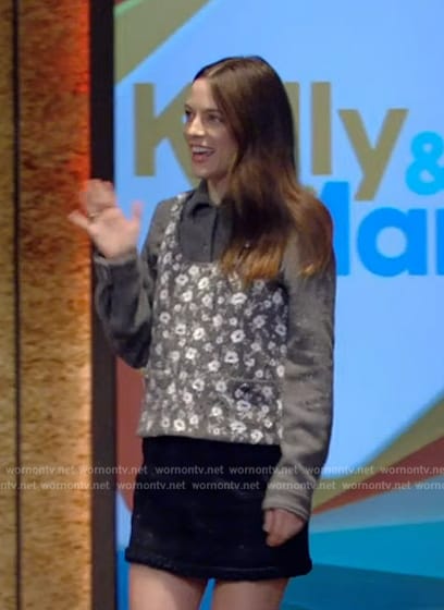 Riley Keough's gray floral cardigan and floral top on Live with Kelly and Mark