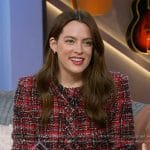 Riley Keough's plaid tweed dress and jacket on The Kelly Clarkson Show