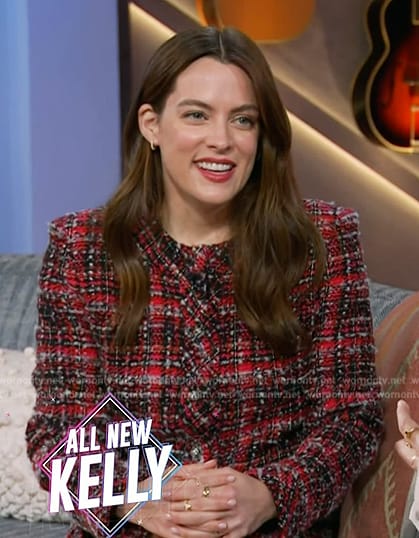 Riley Keough's plaid tweed dress and jacket on The Kelly Clarkson Show