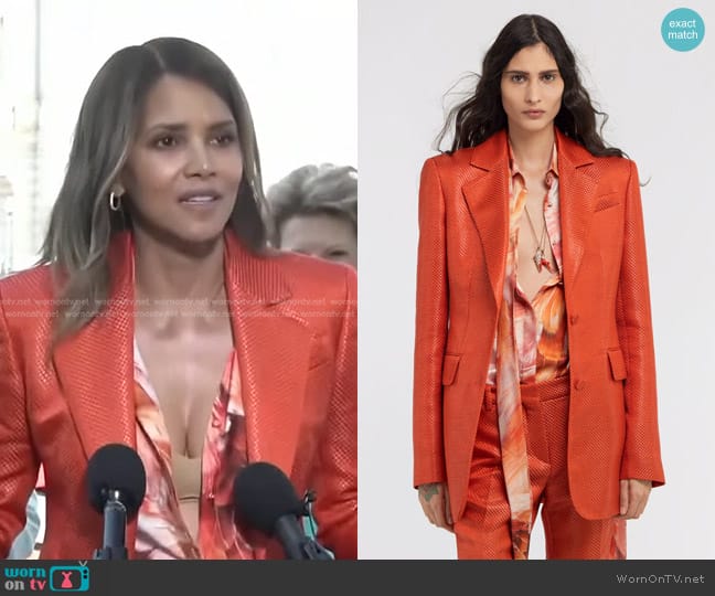 Roberto Cavalli Plumage Print Shirt and Blazer worn by Halle Berry on Good Morning America