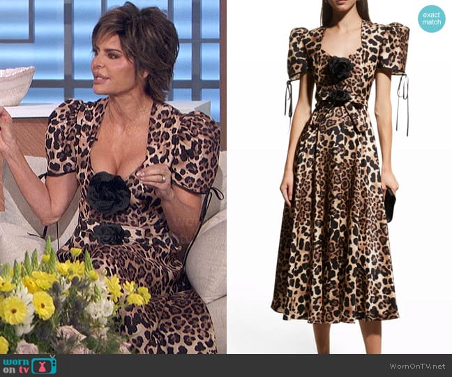 Rodarte Leopard Puff-Sleeve Belted Silk Twill Midi Dress worn by Lisa Rinna on The Talk