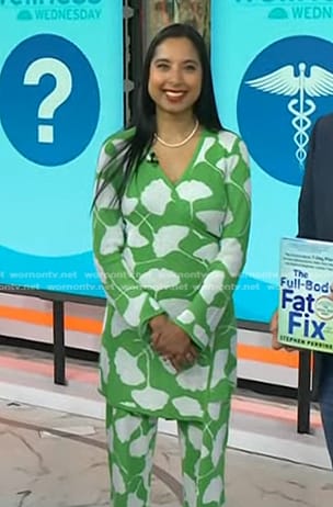 Dr. Roshini Rajapaksa’s green and white printed wrap tunic top and pants set on Today