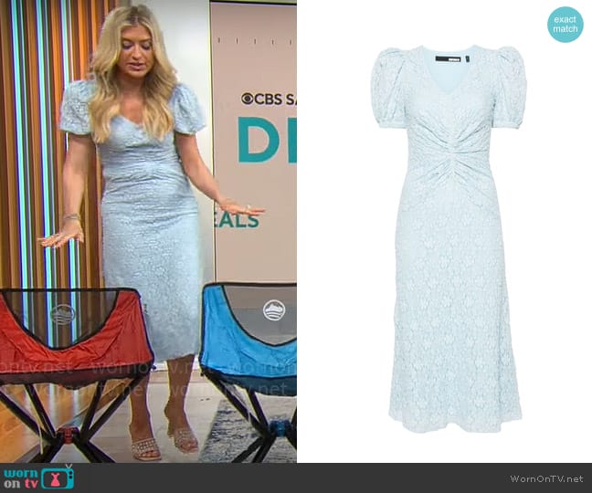 Ashley Bellman’s light blue lace midi dress on CBS Mornings
