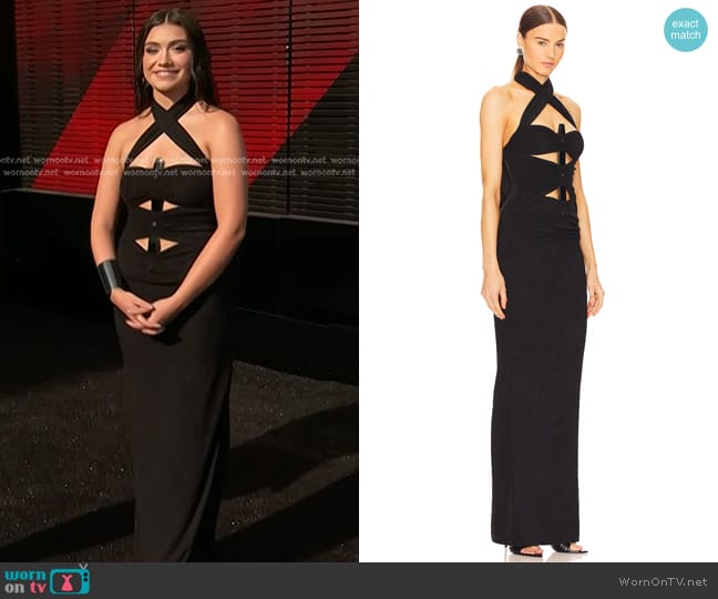 Gina Miles’s black cutout maxi dress on The Voice