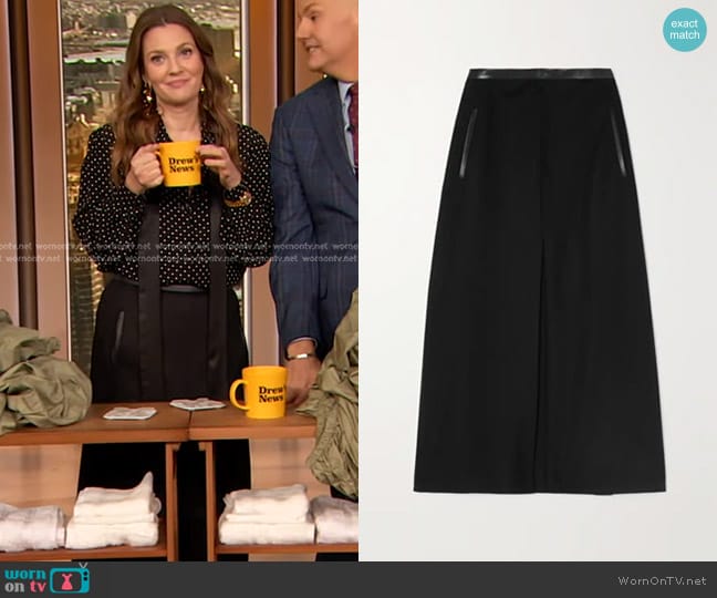 Saint Laurent Leather-trimmed Wool-blend Midi Skirt worn by Drew Barrymore on The Drew Barrymore Show