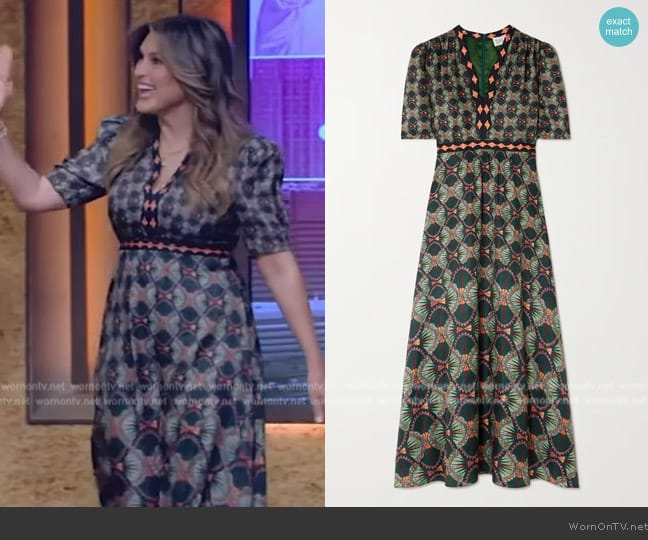 Saloni Tabitha printed silk-jacquard midi dress worn by Mariska Hargitay on Live with Kelly and Mark