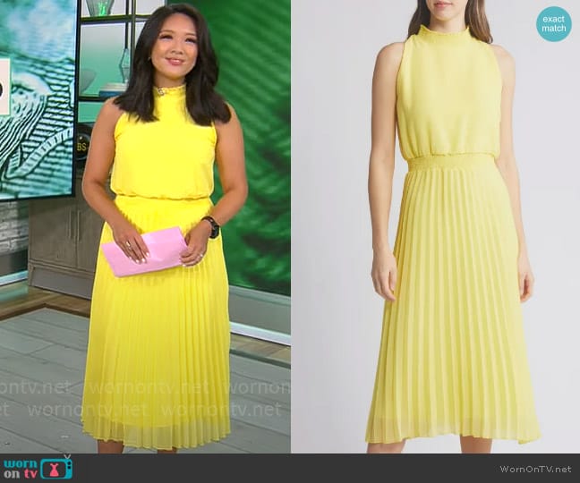 Sam Edelman Smocked Plissé Midi Dress in Yellow worn by Nancy Chen on CBS Mornings