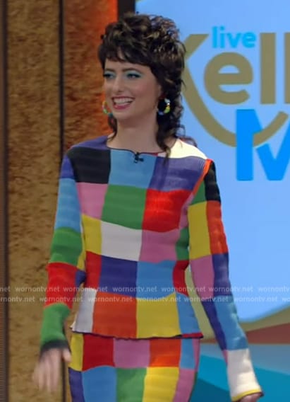 Sarah Sherman’s multicolored smocked top and skirt on Live with Kelly and Mark