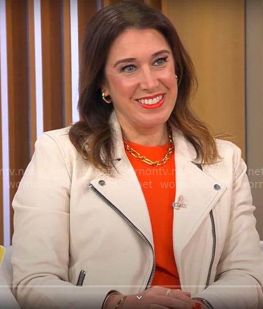 Sarah Gelman's ivory leather moto jacket on CBS Mornings