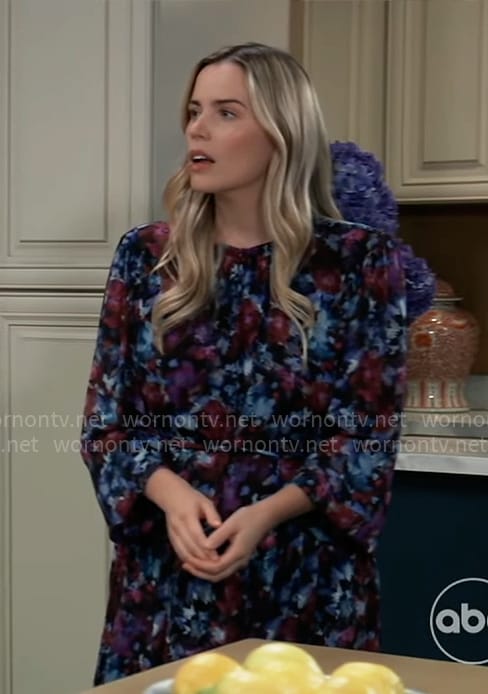 Sasha's blue and red floral long sleeved dress on General Hospital