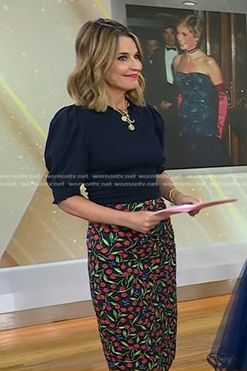 WornOnTV: Savannah’s navy smocked top and floral skirt on Today ...