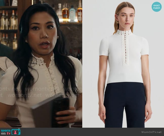 Scanlan Theodore Crepe Knit Daisy Short Sleeve Top worn by Melody Bayani (Liza Lapira) on The Equalizer