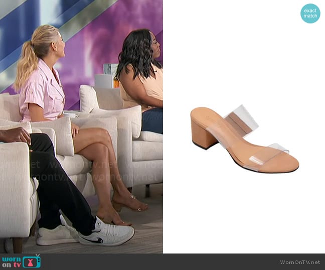 Schutz Victorie Slide Sandal in Honey Beige Nubuck Leather worn by Amanda Kloots on The Talk