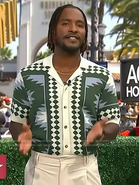 Scott's white and green geometric print shirt on Access Hollywood