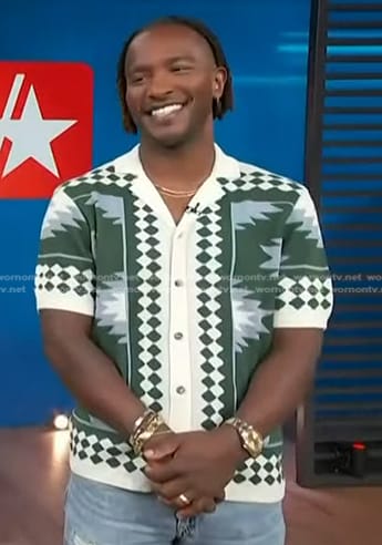 Scott’s white and green geometric print shirt on Access Hollywood