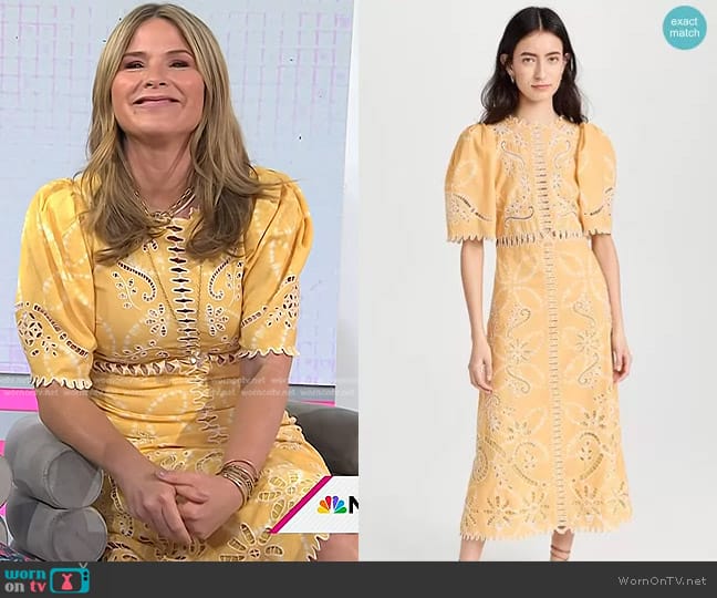 Sea Liat Embroidery Short Sleeve Dress in yellow worn by Jenna Bush Hager on Today