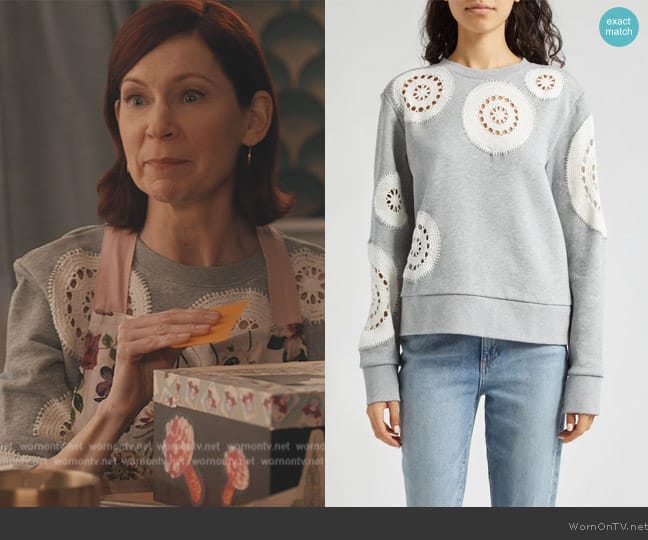 Sea Joy Crochet Patch Cotton Sweatshirt worn by Elsbeth Tascioni (Carrie Preston) on Elsbeth