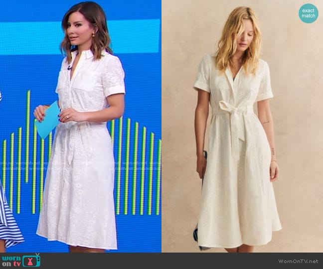 Sezane Adele Dress in White with cream embroidery worn by Rebecca Jarvis on Good Morning America