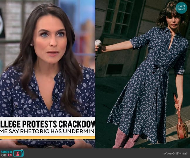 Sezane Lauretta Dress in Bandana Blue worn by Lilia Luciano on CBS Mornings