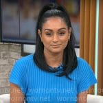 Shanelle Kaul’s blue ribbed midi dress on CBS Mornings