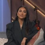 Shay Mitchell’s black pinstripe blazer and shorts on The Kelly Clarkson Show