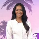 Shay Mitchell's white scalloped trim cardigan on Today