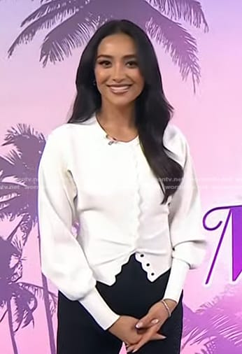 Shay Mitchell's white scalloped trim cardigan on Today