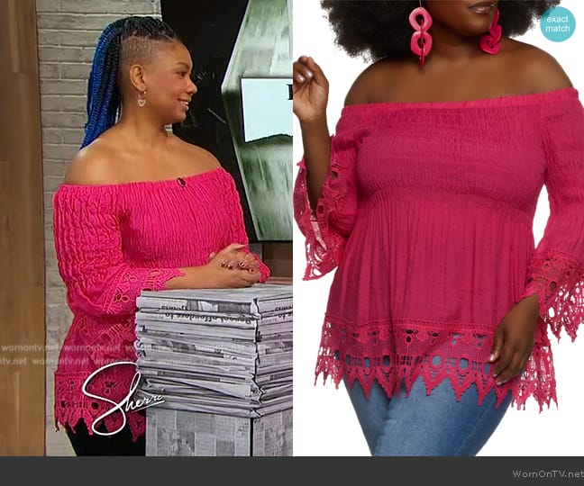 Rainbow Plus Size Off the Shoulder Bell Sleeve Smocked Top