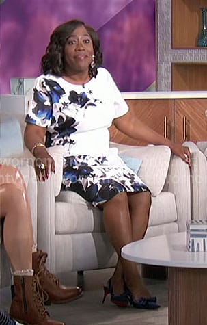 Sheryl's white and blue floral dress on The Talk