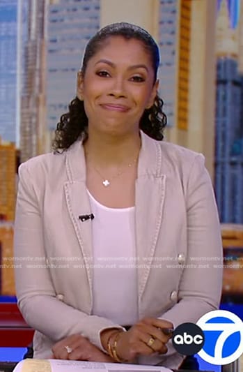 Shirleen's beige double breasted denim blazer on Good Morning America