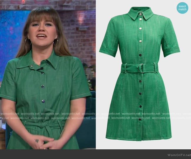 Shoshanna Archie Belted Denim Mini Shirtdress worn by Kelly Clarkson on The Kelly Clarkson Show