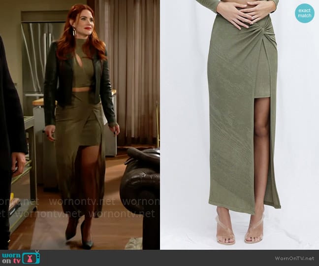 Significant Other Ivy Skirt in Khaki worn by Sally Spectra (Courtney Hope) on The Young and the Restless