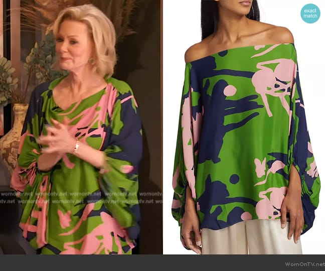 Silvia Tcherassi Bellagio Floral Off-The-Shoulder Blouse worn by Jean Smart on The Drew Barrymore Show