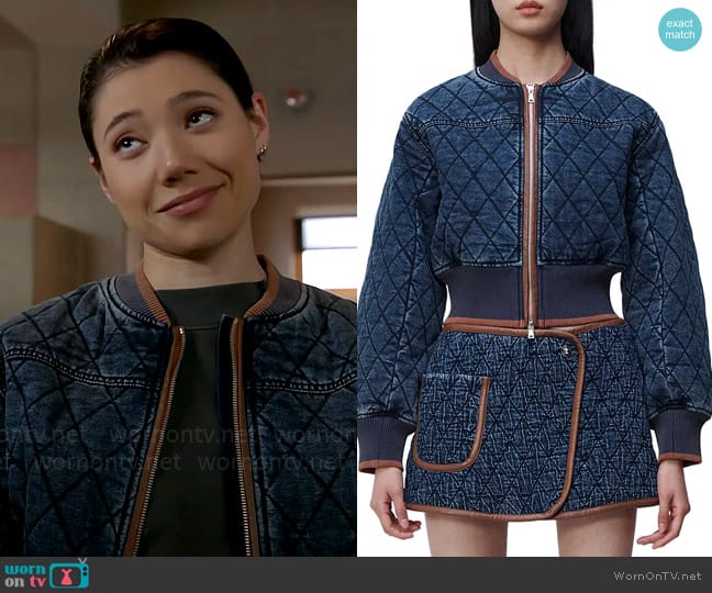 Simkhai Angelika Quilted Denim Jacket worn by Violet Mikami (Hanako Greensmith) on Chicago Fire